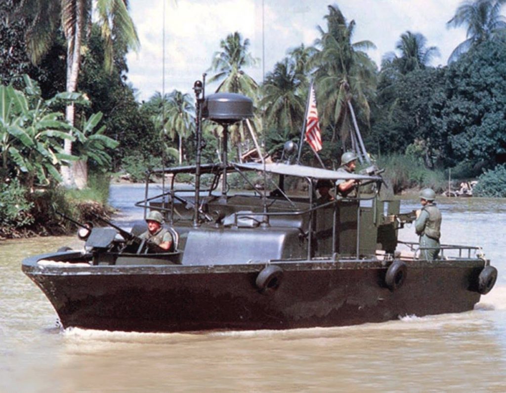 A U.S. Navy Patrol Boat Riverine (PBR) Mk. II conducts operations